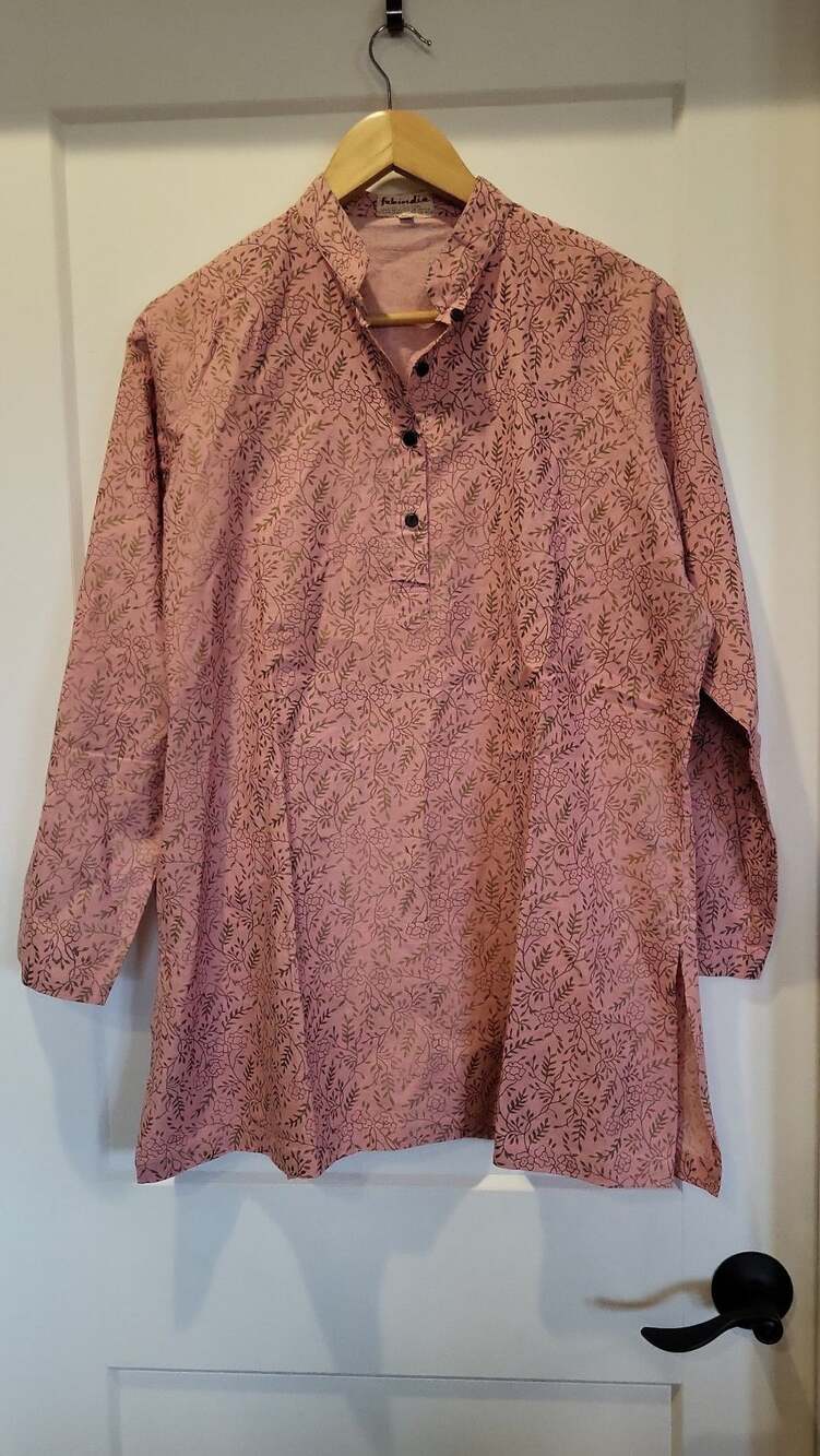 Fabindia Men's Pink Floral Leaf Print Cotton Short Kurta, size XL